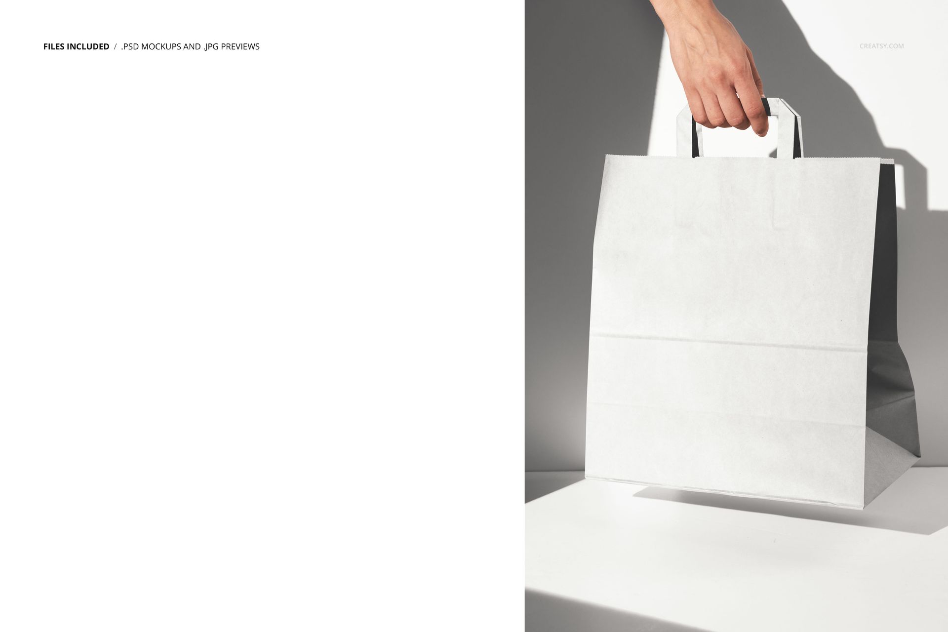 PSD mockup featuring a white paper bag with rectangular handles, displayed from the front with soft lighting.