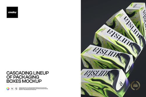 Cascading row of packaging boxes mockup with modern green and black designs, shown from a diagonal perspective.