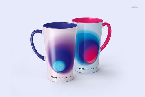 Two 17 oz latte mugs with abstract blue and pink gradient designs, shown from a front angle on a light background.