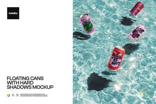 Floating cans mockup featuring vibrant drink cans on a sunlit pool surface with distinct hard shadows.