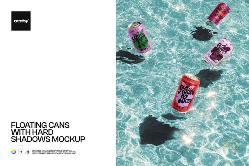 Floating cans mockup featuring vibrant drink cans on a sunlit pool surface with distinct hard shadows.