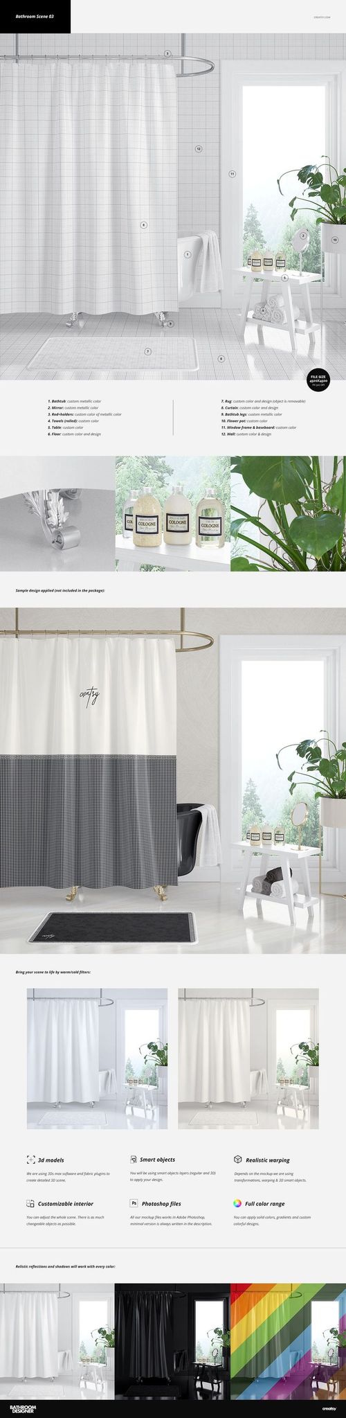 Bathroom mockup featuring a shower curtain in a modern setting with white tiles, stool, and plant decor.