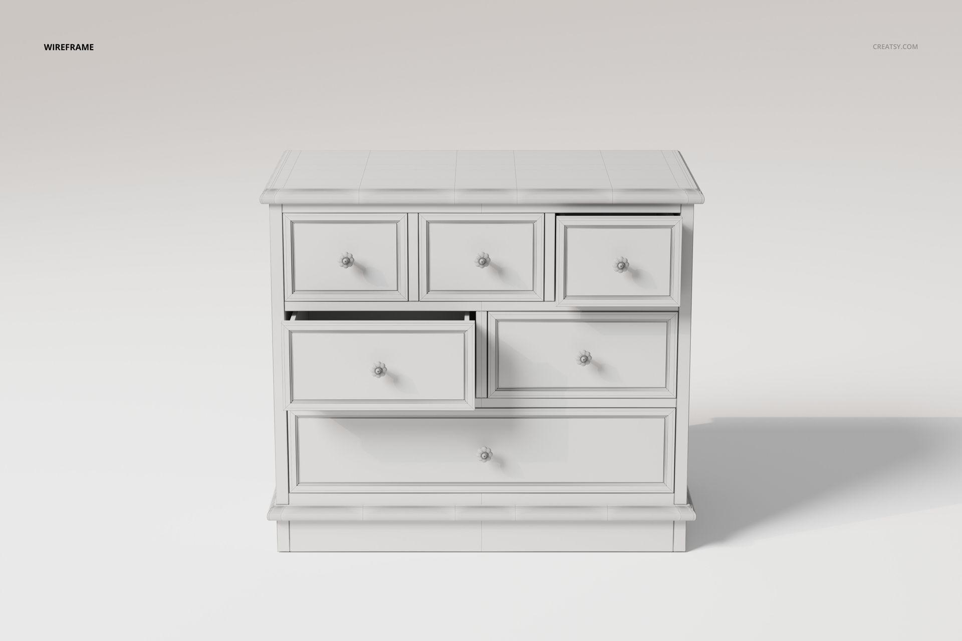 Front view of a raised panel chest of drawers in white, featuring six drawers with round metal knobs on a plain background.