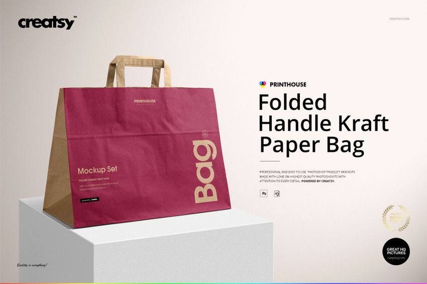 Front view of a folded handle kraft paper bag mockup with a red and brown color scheme on a light surface.