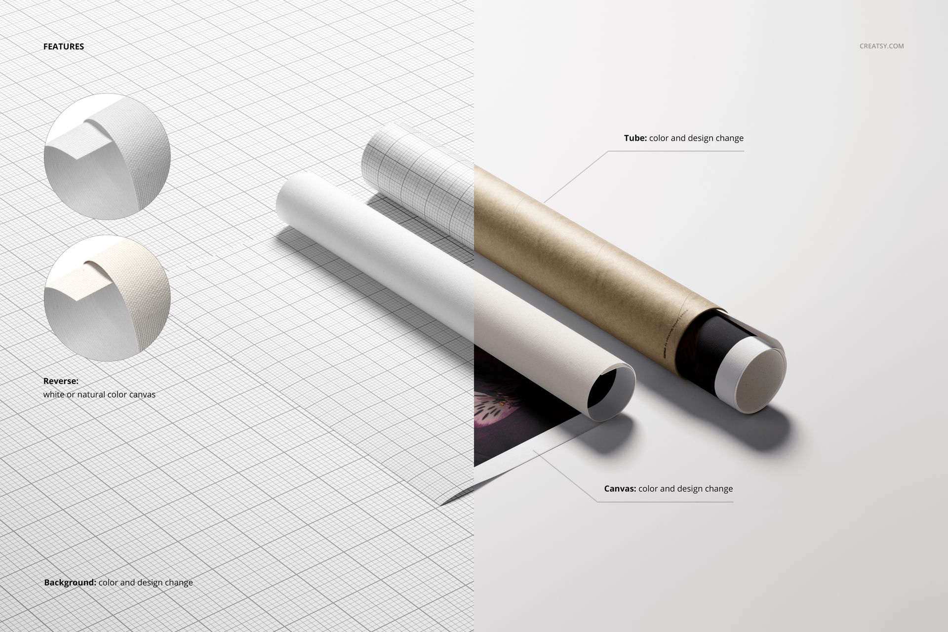 Square canvas print mockup showing a rolled artwork beside a brown paper tube, displayed from above.