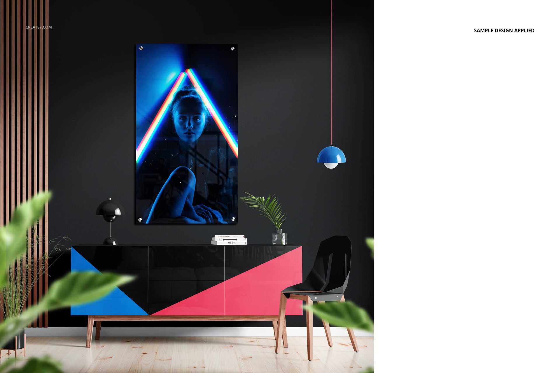 Aluminum metal print mockup featuring a vertical glossy panel with neon triangle artwork on a black wall above a modern sideboard.