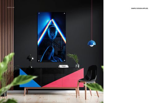 Aluminum metal print mockup featuring a vertical glossy panel with neon triangle artwork on a black wall above a modern sideboard.