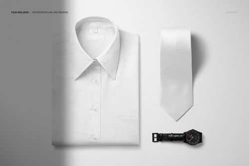 PSD mockup featuring a folded white dress shirt, solid white tie, and black watch arranged side by side on a plain surface.