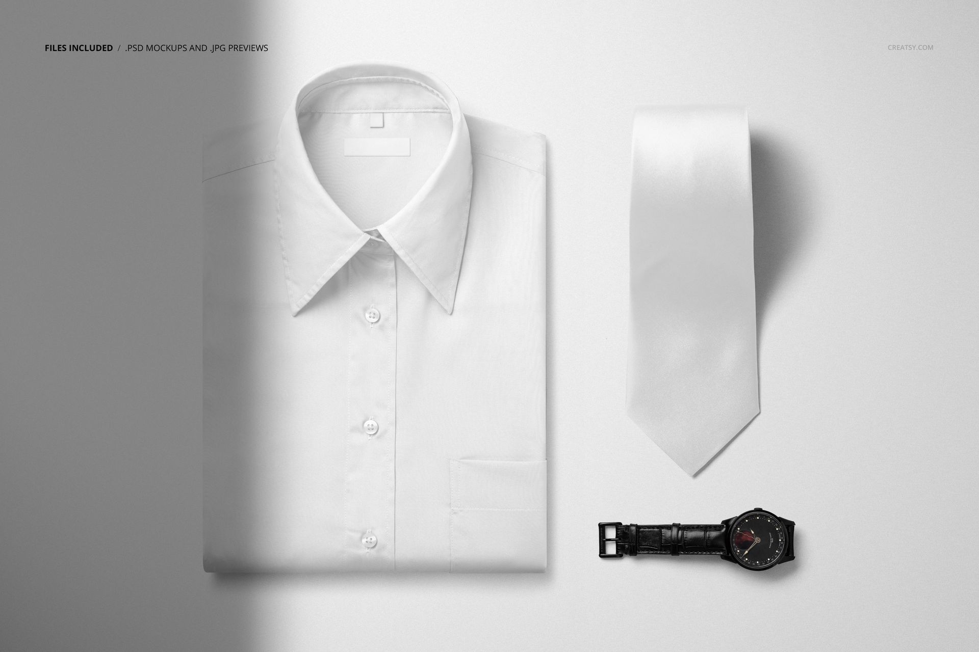 PSD mockup featuring a folded white dress shirt, solid white tie, and black watch arranged side by side on a plain surface.