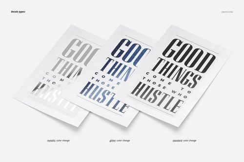 PSD mockup of three rectangular stickers with different color finishes and bold lettering, arranged side by side.