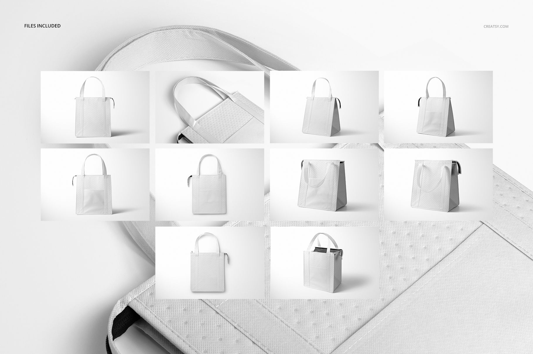 Insulated cooler bag mockup set featuring a white tote bag in various angles, including front, side, and top views.