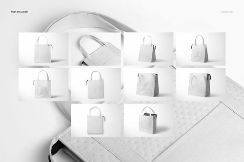 Insulated cooler bag mockup set featuring a white tote bag in various angles, including front, side, and top views.
