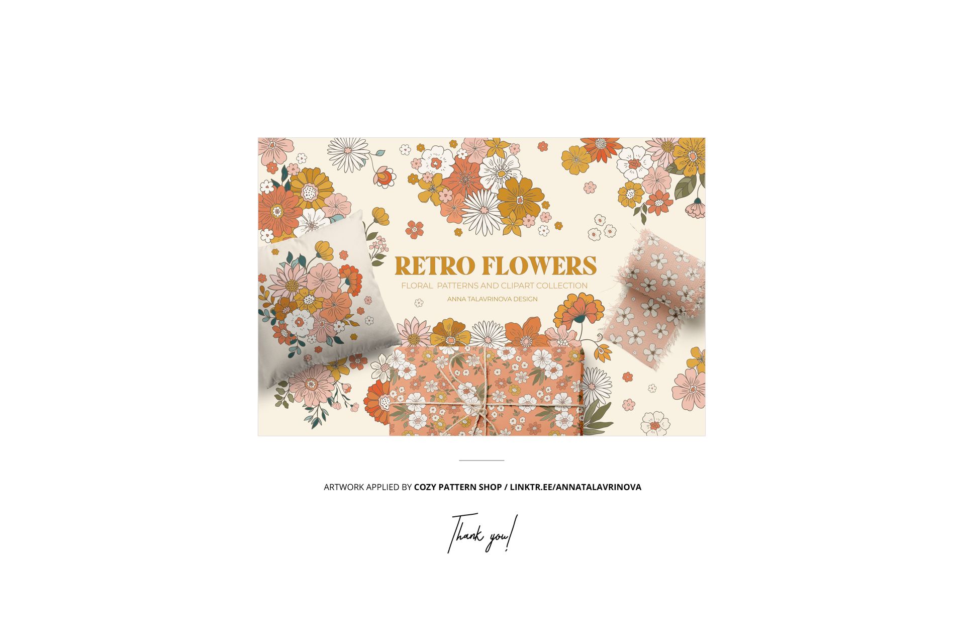 Fabric swatches mockup featuring rectangular fabric pieces with retro floral patterns in orange, yellow, and white tones.