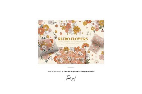 Fabric swatches mockup featuring rectangular fabric pieces with retro floral patterns in orange, yellow, and white tones.