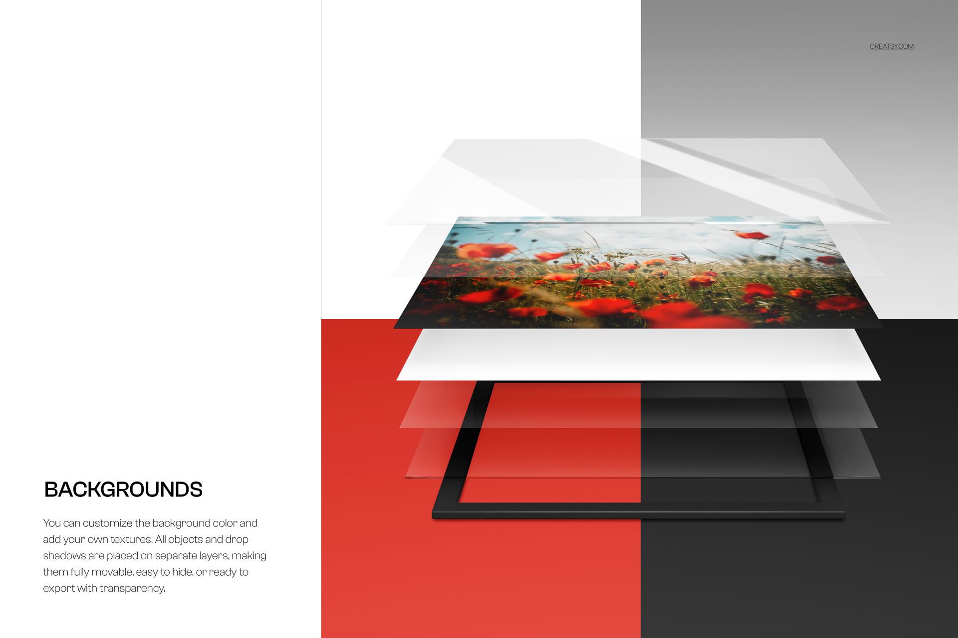 Exploded view of an acrylic photo print mockup showing layered glossy panels with a floral image, front angle.