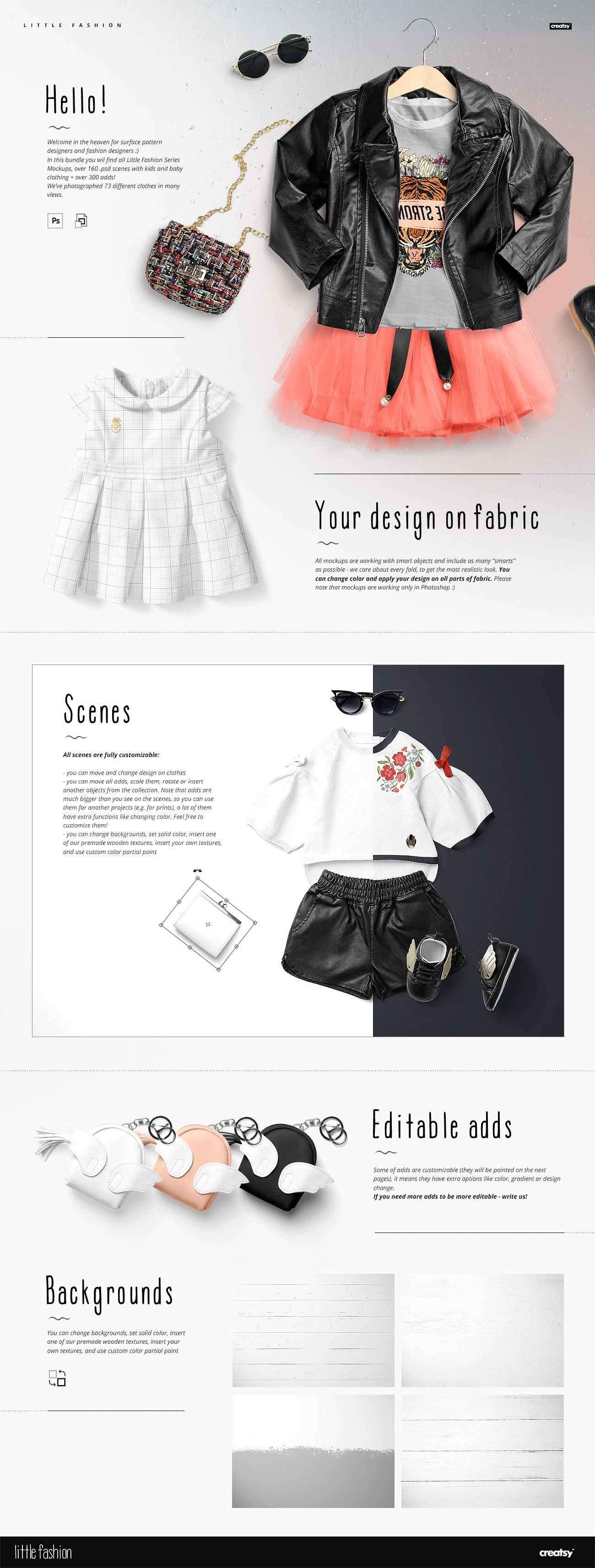 Kids apparel mockup bundle featuring a black jacket, coral tutu, white dress, and accessories on a white background.