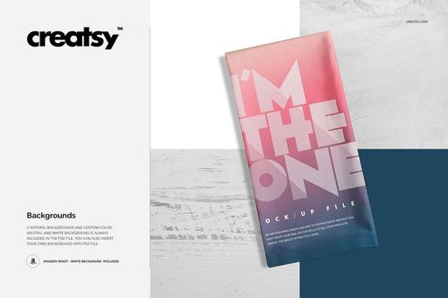 Rectangular kitchen towel mockup with a pink and blue gradient design, displayed on a white wooden surface.