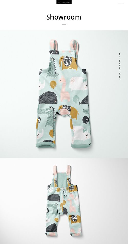 Children’s fleece dungarees mockup featuring playful dinosaur prints in soft colors, shown from two angles.