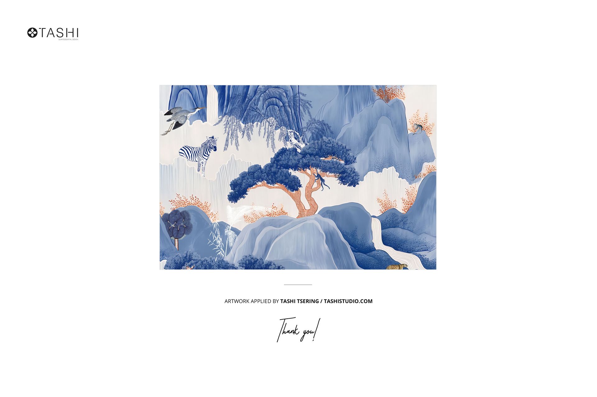 Scenic illustration in blue and beige tones featuring a stylized tree, mountains, and birds on a rectangular canvas.