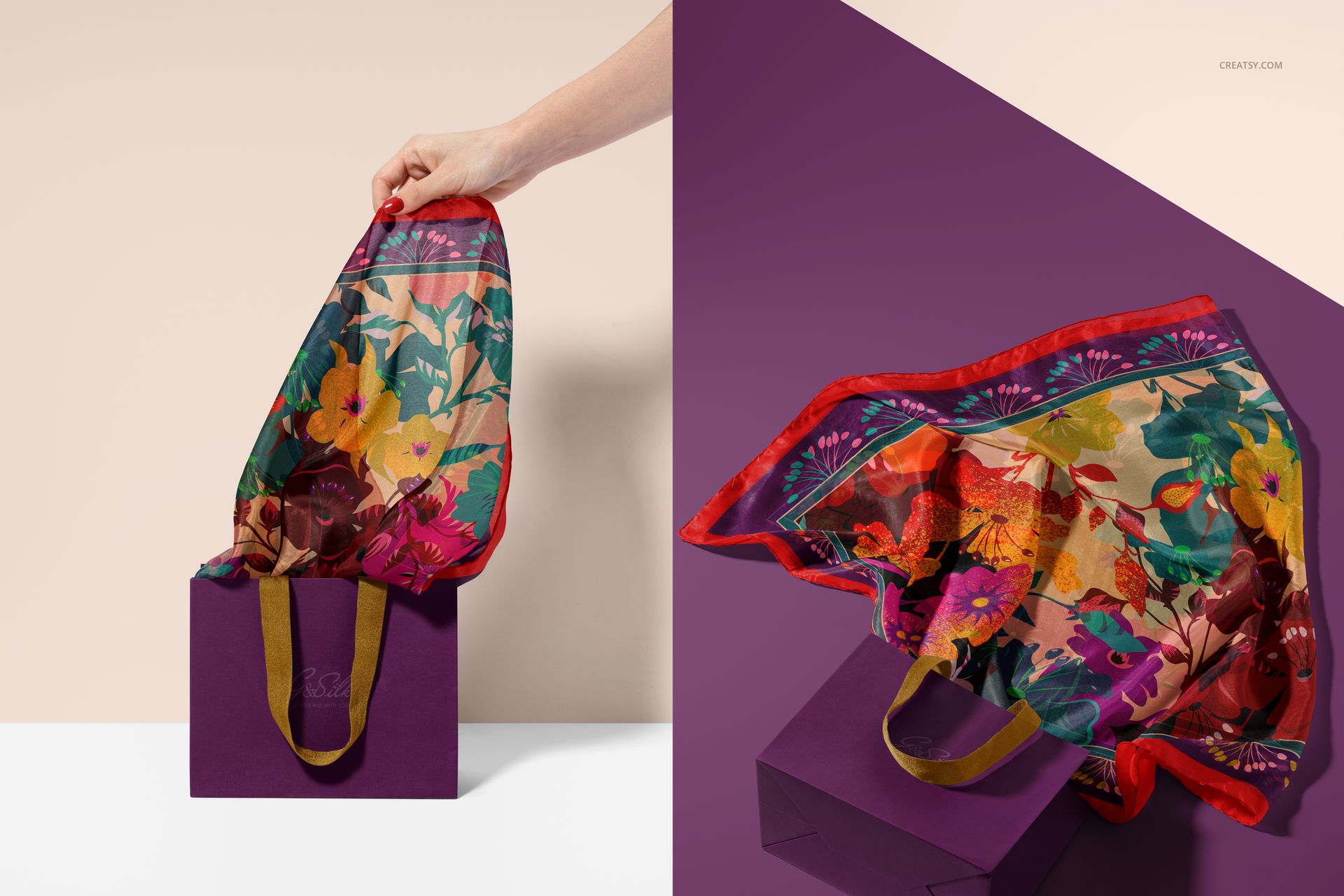 PSD mockup set showing a hand holding a patterned silk scarf above a purple paper bag, with close-up detail of the fabric.