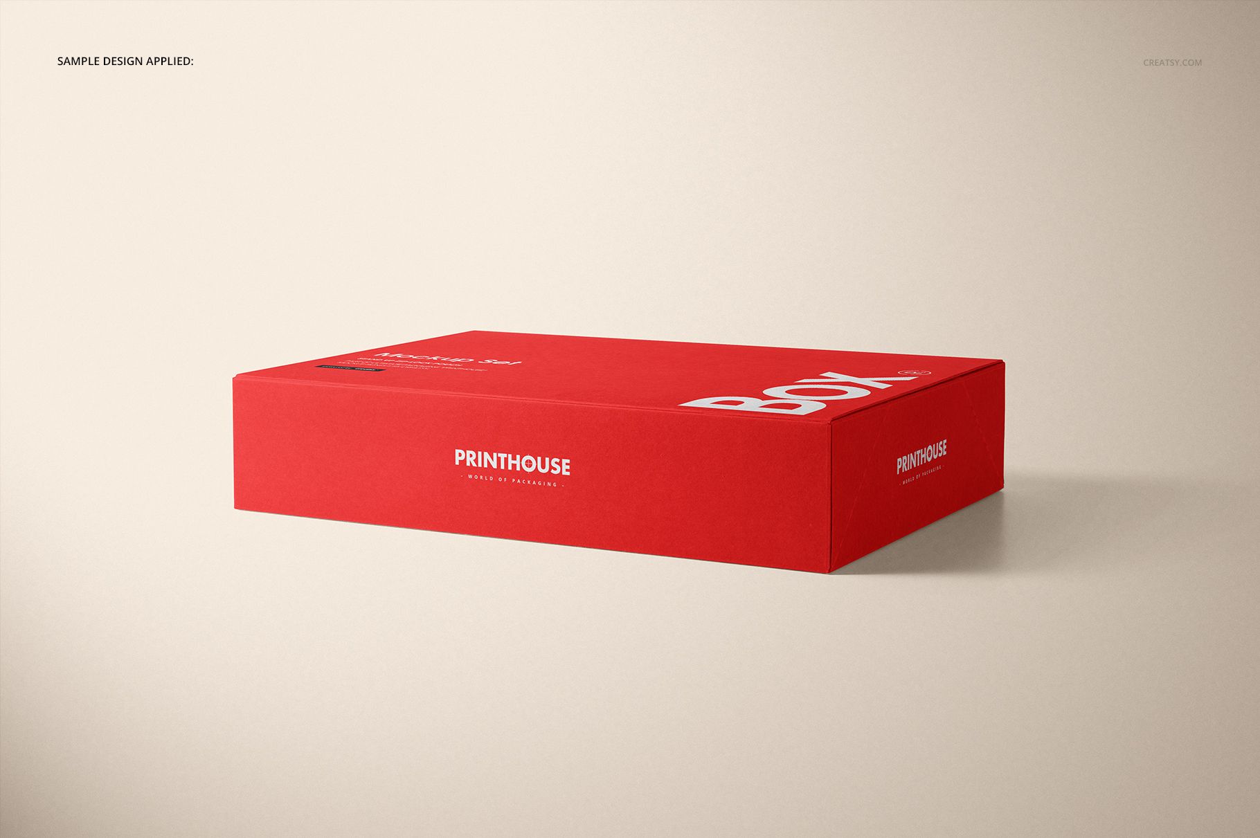 Rectangular kraft set box mockup in red color with white text, shown in a front angled view on a neutral background.