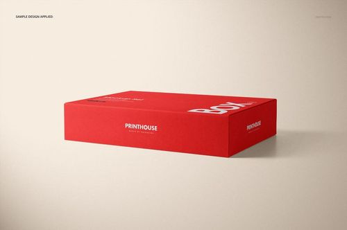 Rectangular kraft set box mockup in red color with white text, shown in a front angled view on a neutral background.
