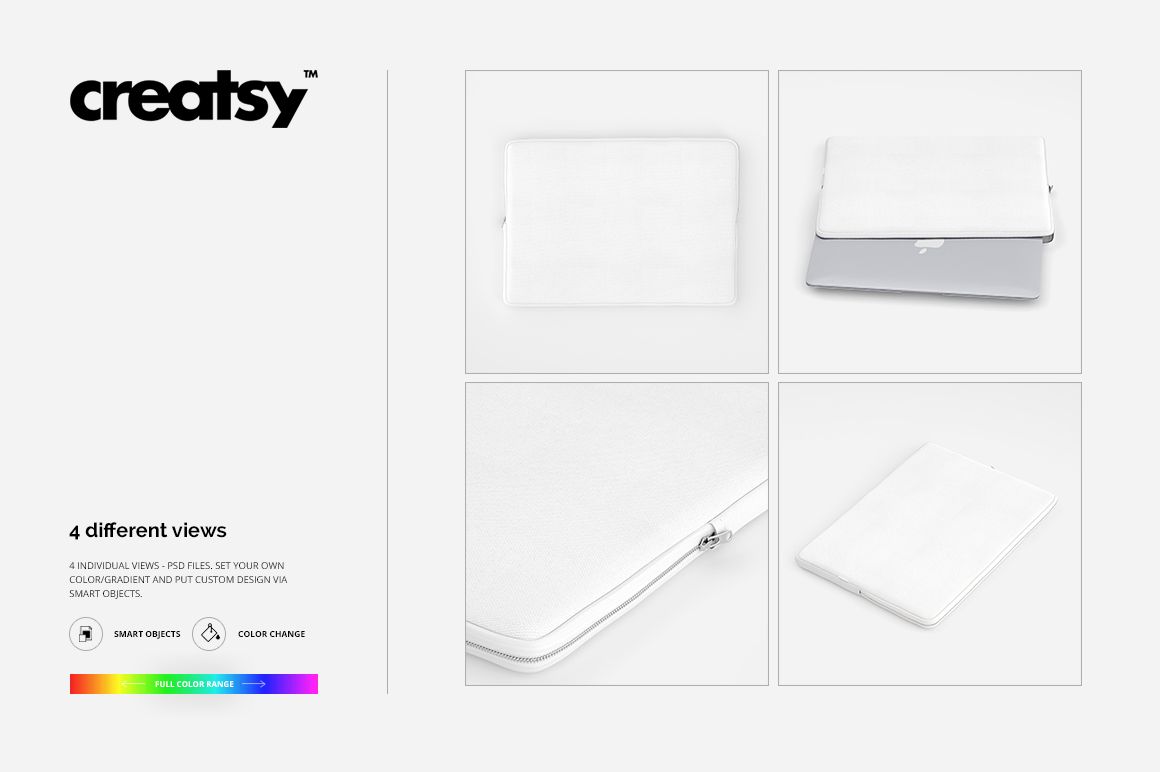 Canvas laptop sleeve mockup set featuring four views, including top, angled, and open sleeve with a laptop inside.