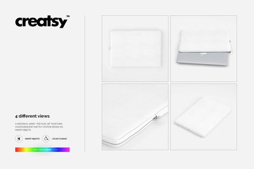 Canvas laptop sleeve mockup set featuring four views, including top, angled, and open sleeve with a laptop inside.