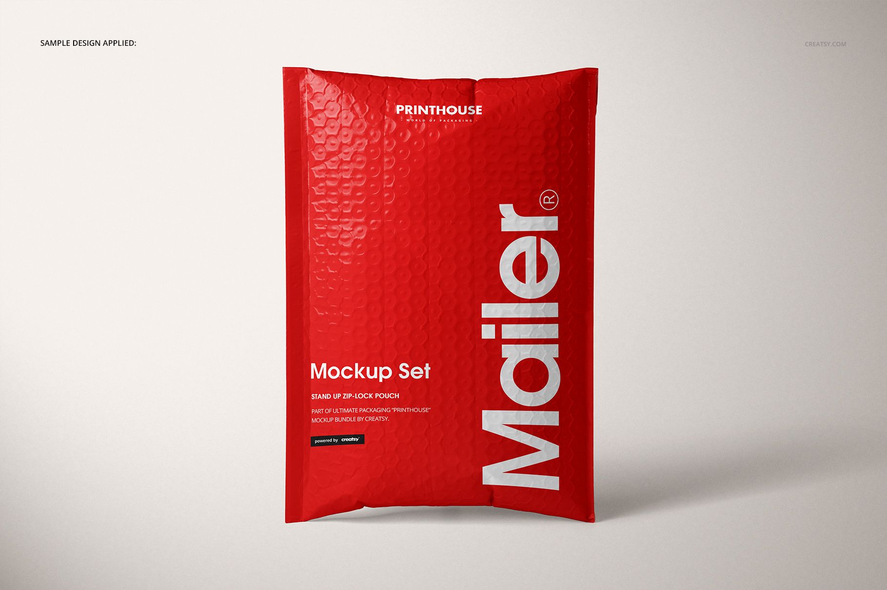 Front view of a red bubble mailer with white text, displayed on a light background as a packaging mockup.