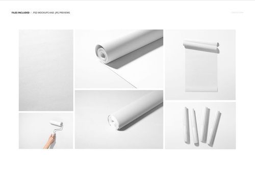 Non-woven vinyl wallpaper mockup set showing blank white wallpaper rolls and sheets from various angles on a white background.