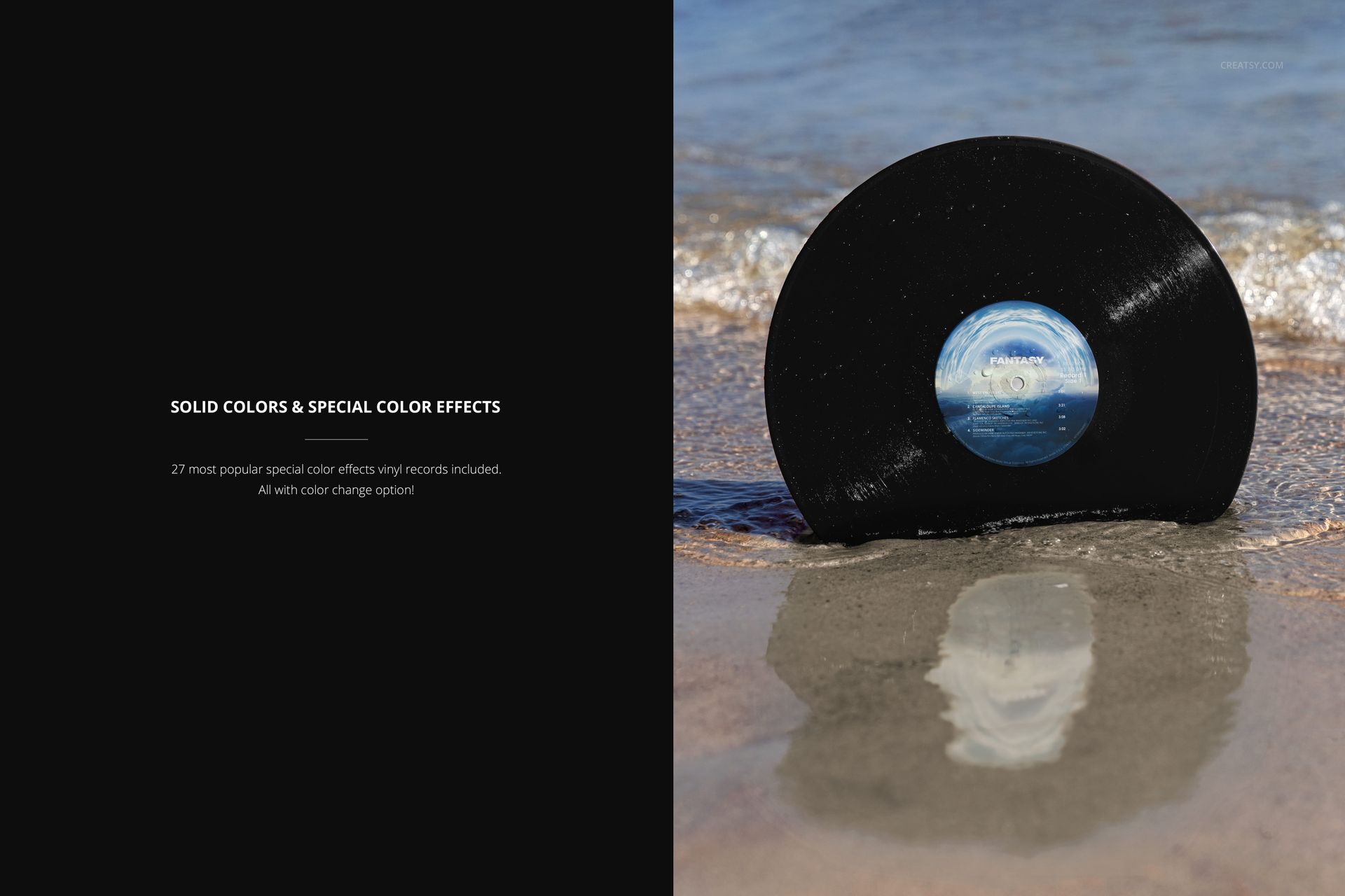 Vinyl record mockup featuring a black disc with blue label placed on sandy beach, partially submerged in water.