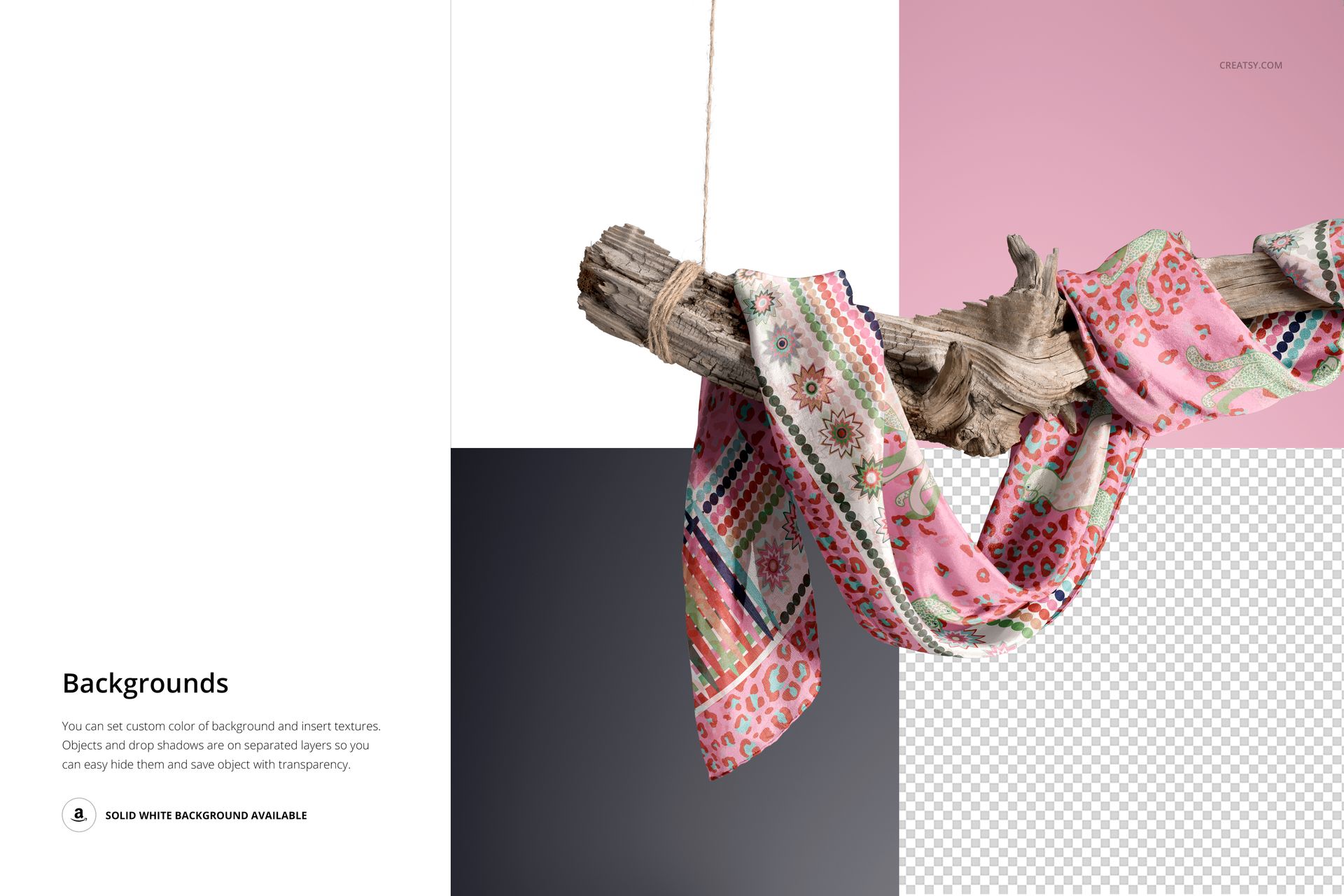 Pink patterned silk scarf hanging on driftwood, displayed in a mockup with split background colors and textures.
