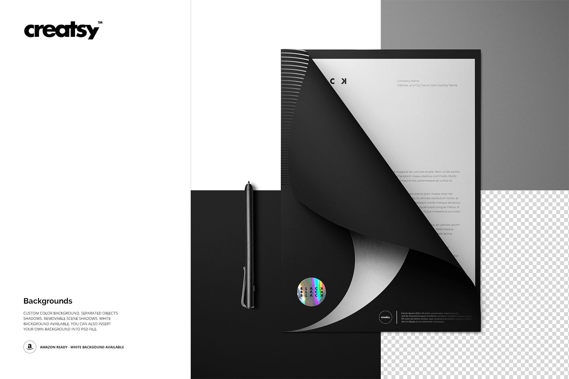 Stationery folder mockup set with a black and white folder, pen, and letterhead shown from a top view on a gray background.