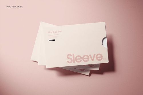 PSD mockup of stationery sleeves with rounded cutout, displayed flat on a light pink background from above.
