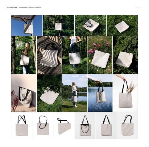 Woven tote bag mockup set featuring various outdoor and studio scenes, including grass, flowers, and lakeside views.