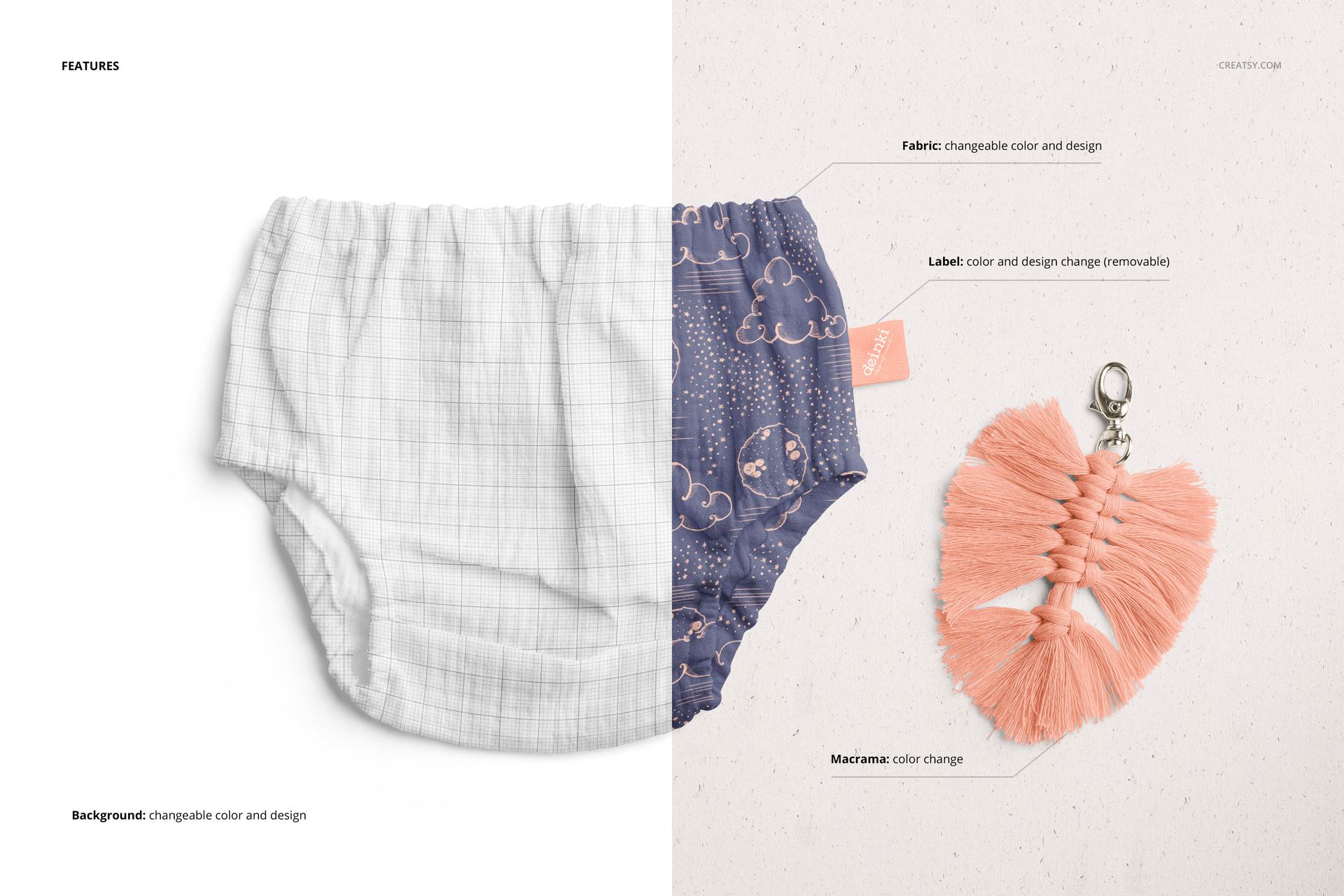 Front view of baby muslin pants mockup set showing white textured pants on left and patterned blue pants on right.