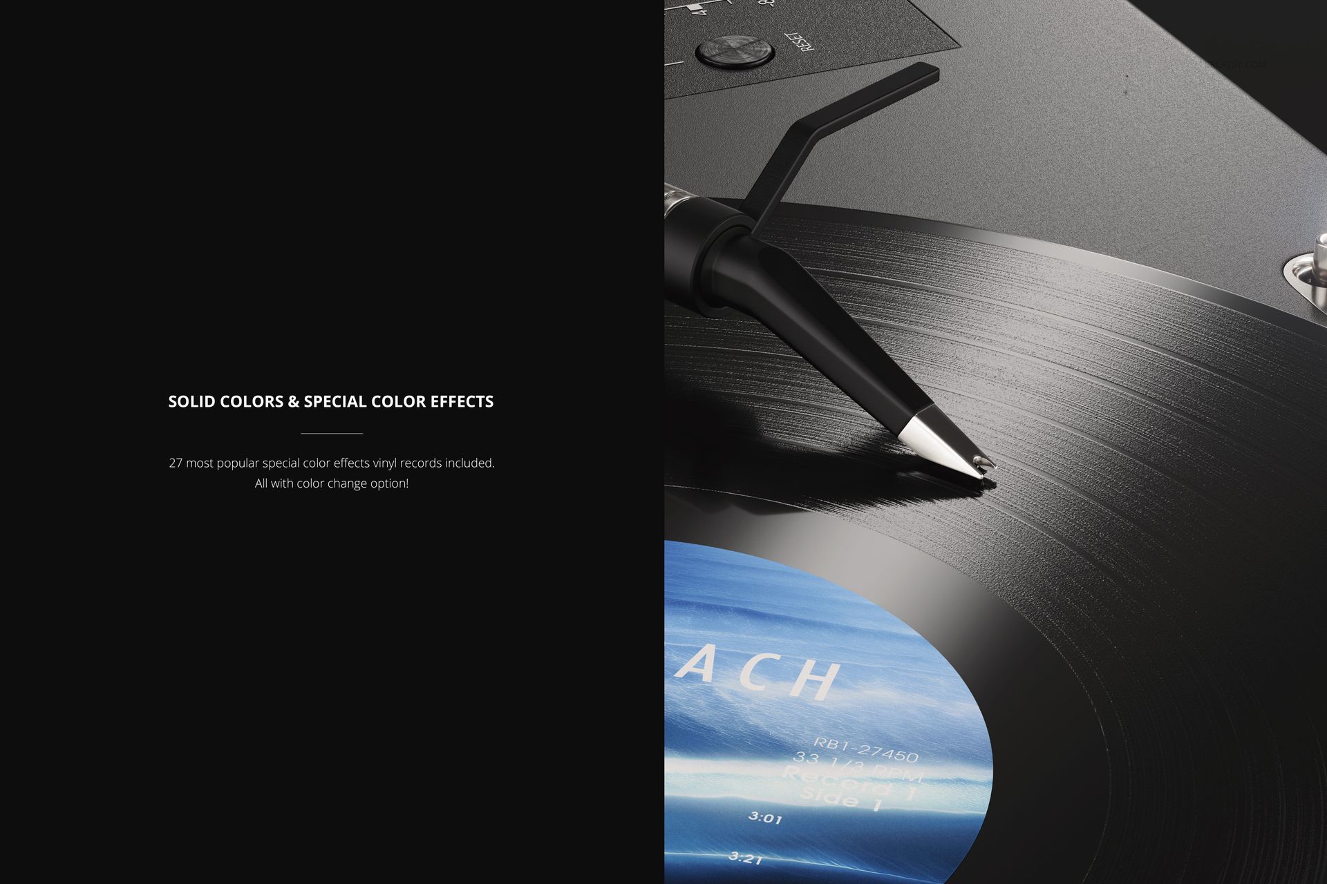 Detailed shot of a vinyl record on a DJ turntable mockup, highlighting the needle and reflective grooves.