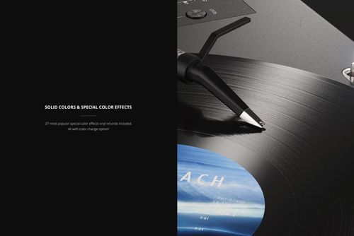 Detailed shot of a vinyl record on a DJ turntable mockup, highlighting the needle and reflective grooves.