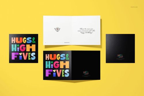 Square folded greeting cards mockup set displayed on a yellow background, featuring colorful text designs and open card interior.