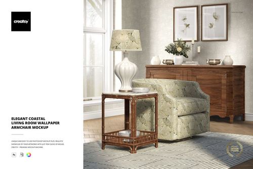 Elegant living room mockup featuring a floral armchair, wood sideboard, decorative lamp, and framed wall art.