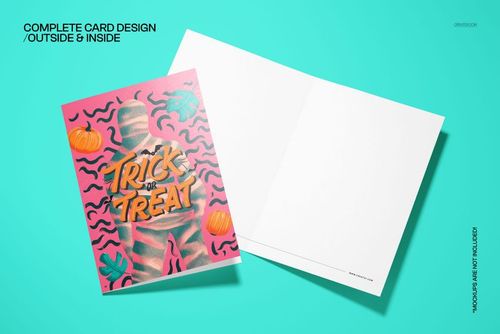 PSD mockup of a vintage Halloween card with colorful graphics and blank interior, displayed on a bright turquoise background.