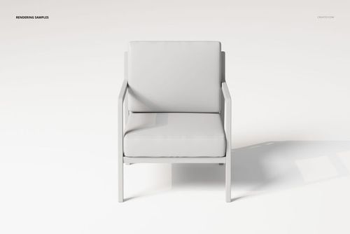 Modern lounge chair in light gray color, shown from a front view against a plain white background with soft shadows.