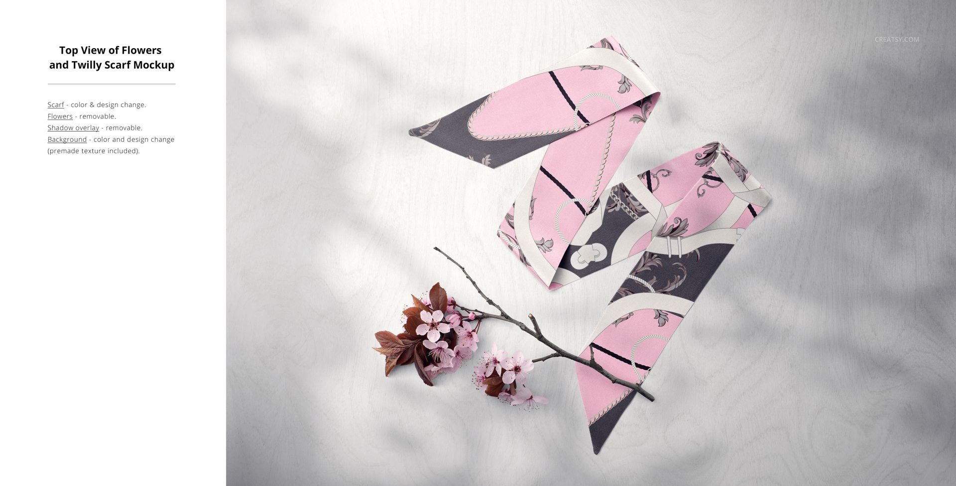 PSD mockup showing two twilly silk scarves with floral designs, displayed next to decorative flowers on a pale background.