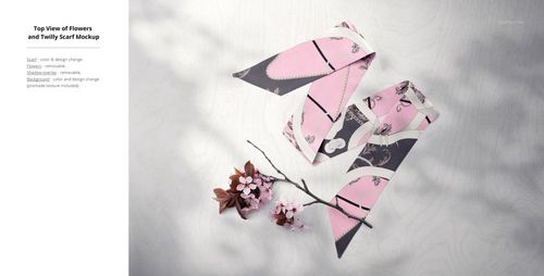 PSD mockup showing two twilly silk scarves with floral designs, displayed next to decorative flowers on a pale background.