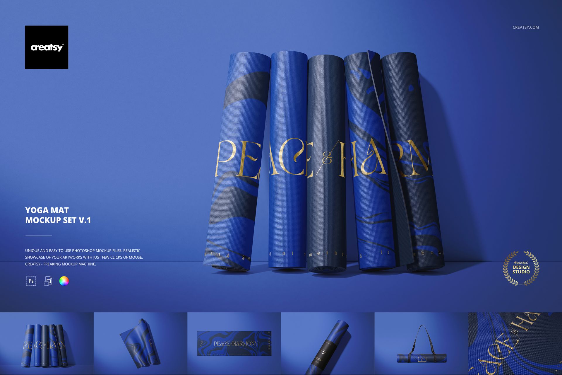 Yoga mat PSD mockup featuring rolled mats in various blue tones with decorative gold accents, presented vertically.