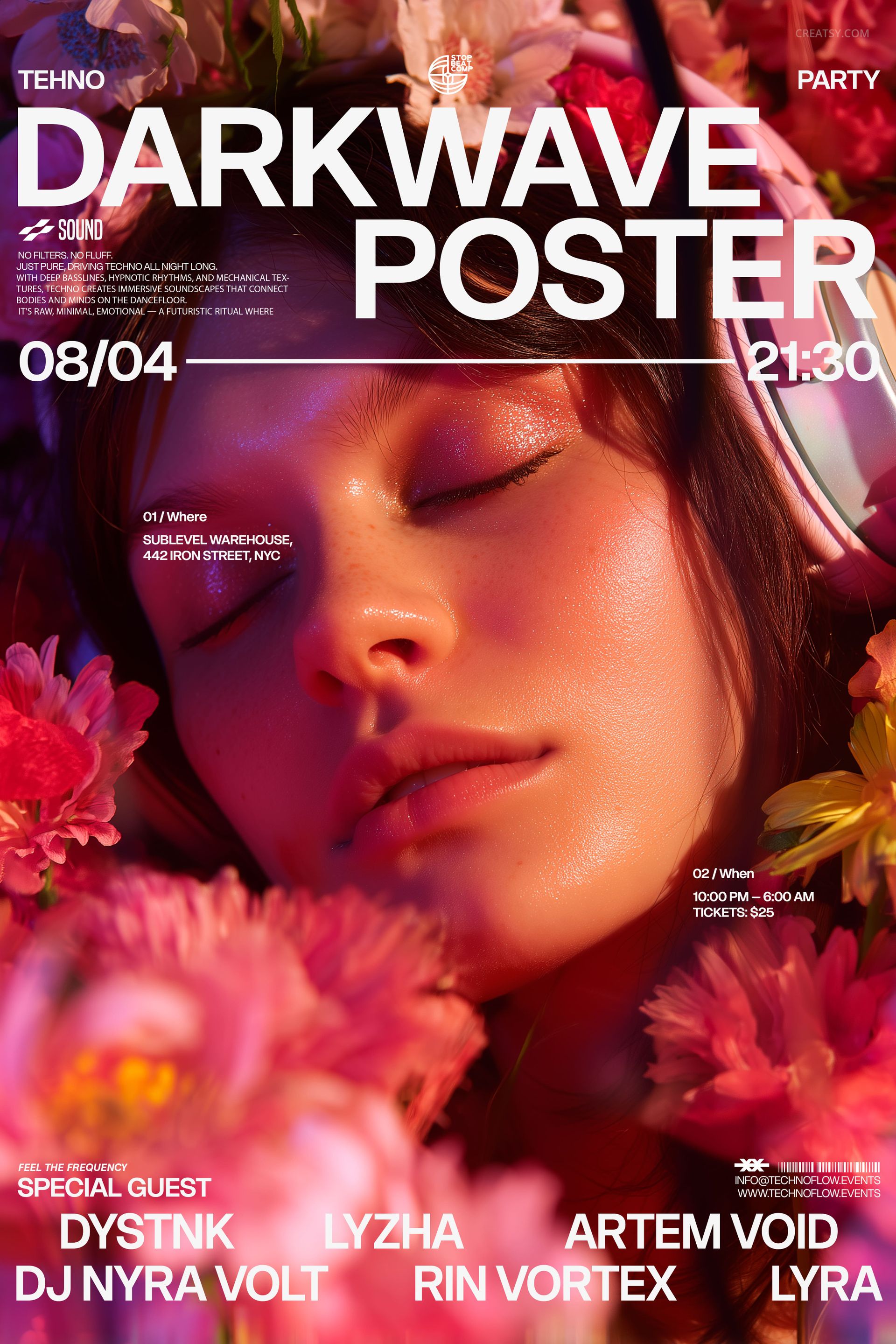 Front view of a poster mockup with bold white text and vibrant pink floral elements surrounding the design.