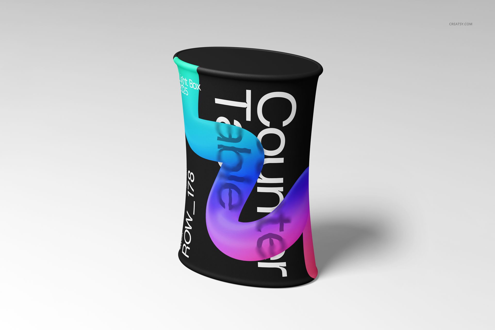 Portable pop-up counter mockup featuring a black surface, vibrant gradient pattern, and bold white lettering, angled view.