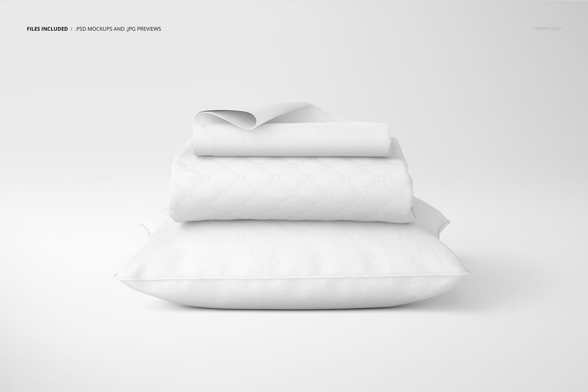 White pillow, coverlet, and pillowcase arranged in a neat stack, shown in a PSD mockup on a simple background.