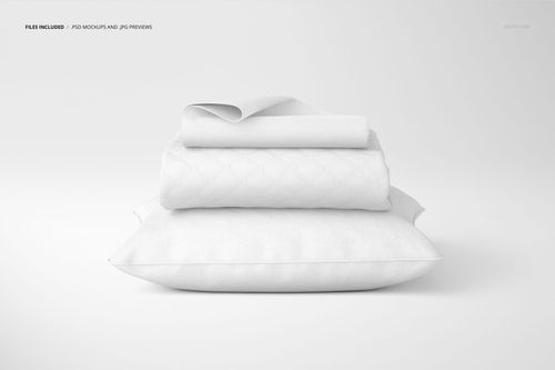 White pillow, coverlet, and pillowcase arranged in a neat stack, shown in a PSD mockup on a simple background.