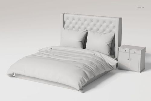 Front view of a tufted panel bed with two pillows and a matching nightstand, all in solid white tones.